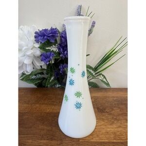 Vintage Milk Glass Vase – White with Blue‎ and Green Floral Starburst Design